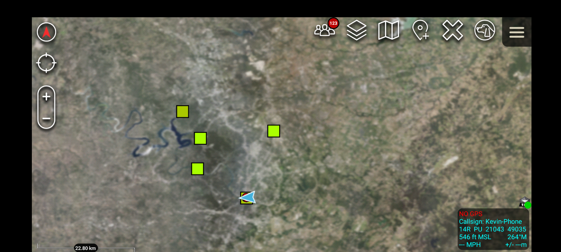Battle Buddy incidents displayed as CoT markers on ATAK — Austin aerial view